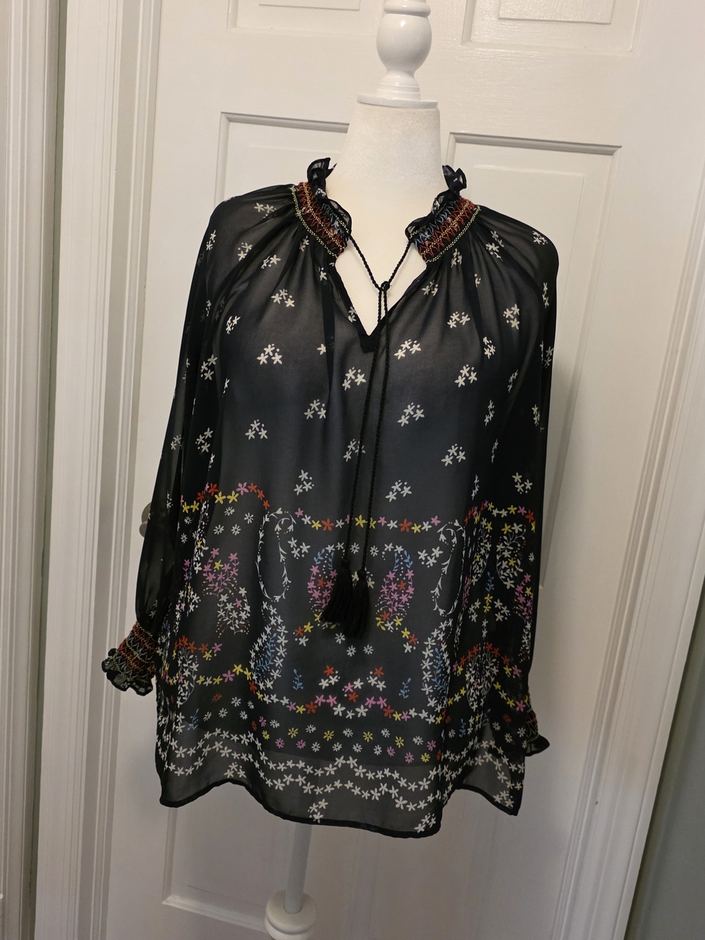 CAbi Black Floral Sheer Embroidered Tassel Peasant Top Size Large Style 5784